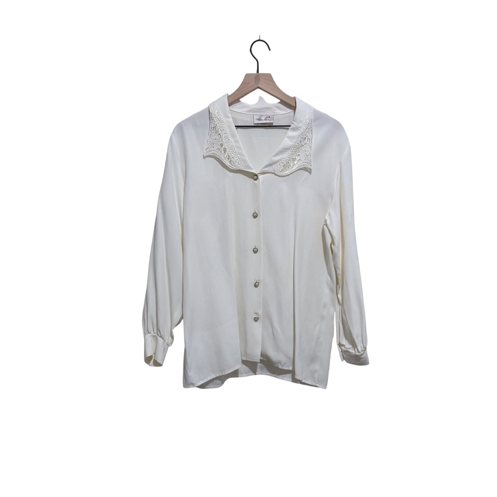 Vintage‎ Kathie Lee Ivory White Lace Collar Blouse Oversized Pearl Button